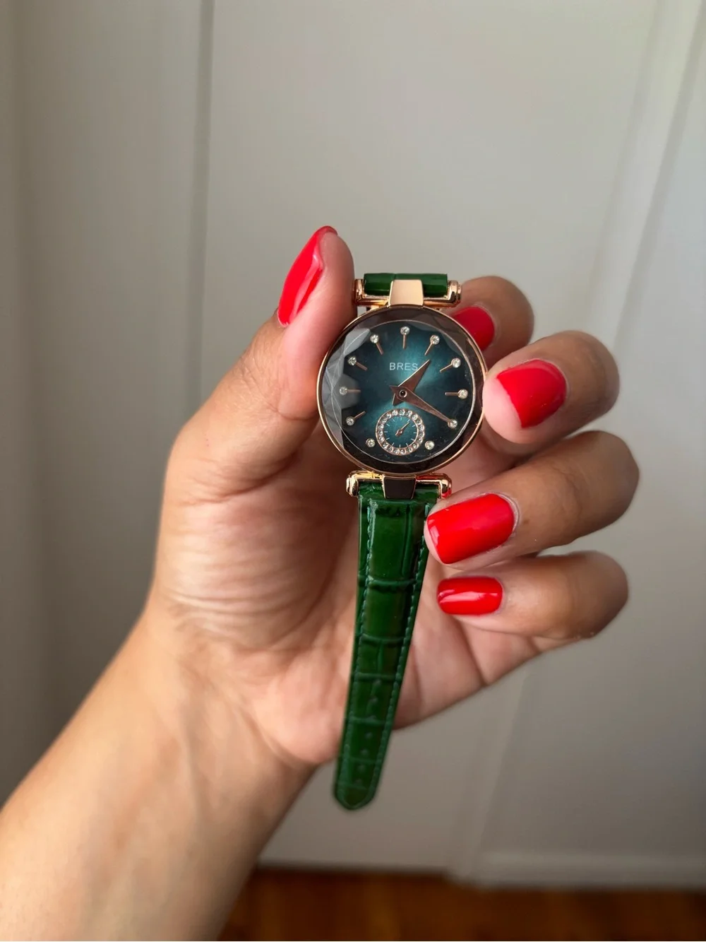 Green Patent Leather Strap Women's Watch with Rose Gold Case